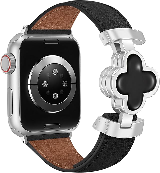 MOINSPIRE Designer Slim Leather Bands for Women,Lucky Four-Leaf Clover Cute Dressy Magnetic Watch Bands for iwatch Compatible with Apple Watch Series 11/10/9/8/7/6/5/4/3/2/1 SE 1/2/3 Ultra 1/2/3 by MOINSPIRE