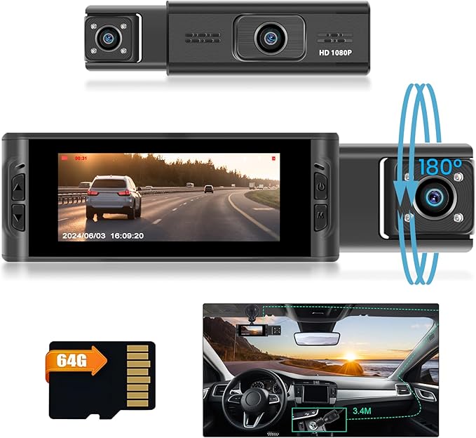 Hikity 3.16" 2 Channel Dash Cam 180° View Front and Rear Inside, 1080P Dash Camera for Cars Left Right, IR Night Vision, WiFi APP Control, G-Sensor, Loop Recording, with Free 64GB Card by Hikity
