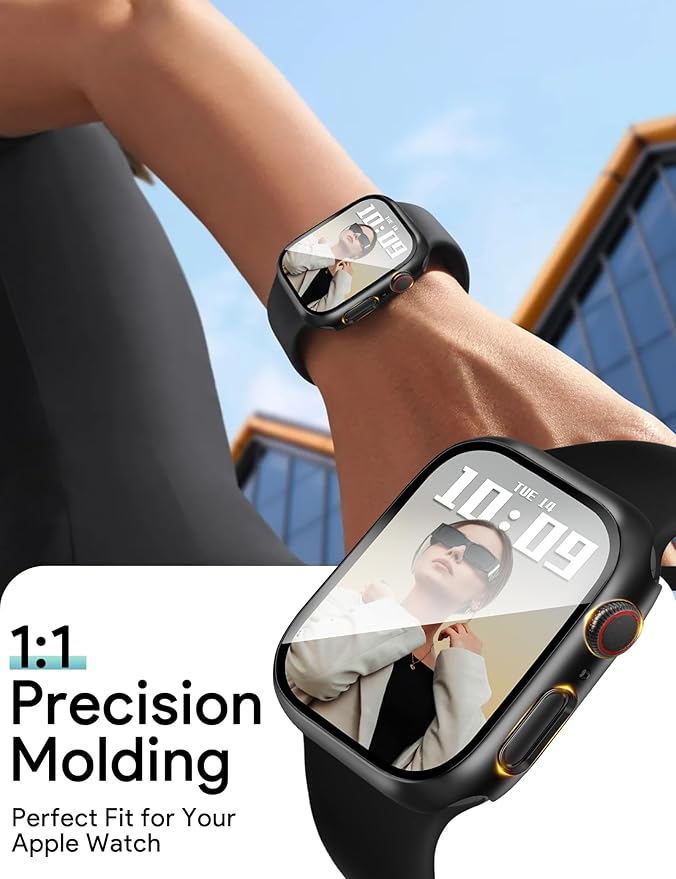 JR.DM 46mm 2 Pack Hard PC Case with HD Tempered Glass Screen Protector for Apple Watch Series 10/11 (2025), Guard Bumper Full Coverage Protective Anti-Scratch Face Cover for iWatch, Black+ Black - Image 6