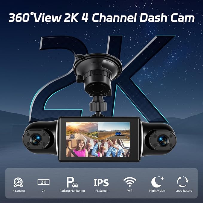 360°View 4 Channel Dash Cam, 2K+1080P Front and Rear Inside Left Right, NHOPEEW 3 inch IPS Screen Dash Camera for Cars, WiFi/APP Control, Night Vision, 24H Parking Mode, 64GB TF Card, Loop Recordin - Image 2
