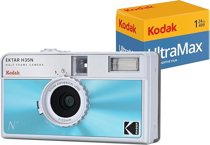 Kodak EKTAR H35N Half Frame Film Camera Bundle with Kodak Ultramax 400/24EXP 35mm Roll Film (Glazed Blue, Bundle) by Kodak