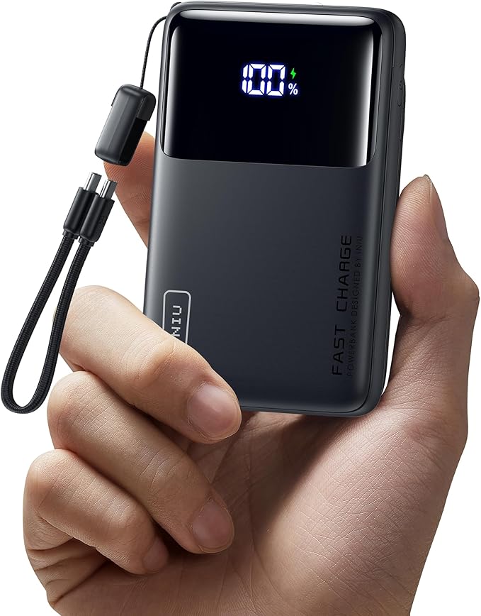 INIU Small Portable Charger, 45W PD Fast Charging 10000mAh Power Bank, Battery Pack with Attached USB C Cable, Travel Essentials Powerbank for iPhone 17 16 15 14 Pro Air, Xiaomi, Samsung S25 S24 etc by INIU