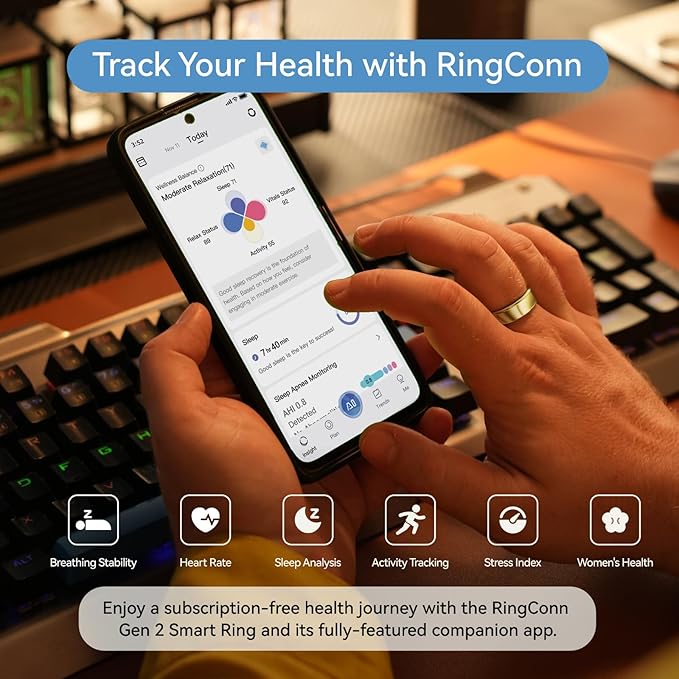 RingConn Gen 2, World’s First Smart Ring with Sleep Apnea Monitoring, No APP Subscription, 12-Day Battery Life, Stress/Heart Rate/Women's Health Tracker, Android & iOS Compatible (Gold, Size 13) - Image 3