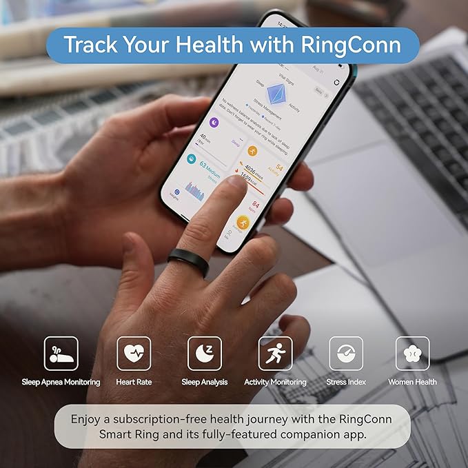 RingConn Gen 2, World’s First Smart Ring with Sleep Apnea Monitoring, No APP Subscription, 12-Day Battery Life, Stress/Heart Rate/Women's Health Tracker, Android & iOS Compatible (Black, Size 8) - Image 3