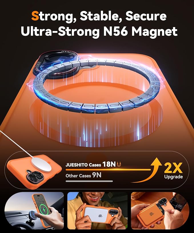 JUESHITUO Magnetic for iPhone 17 Case: Upgraded [Full Camera Protection], with [1X Screen Protector] [Camera Button], 6.3" Case for iPhone 17, Orange - Image 4