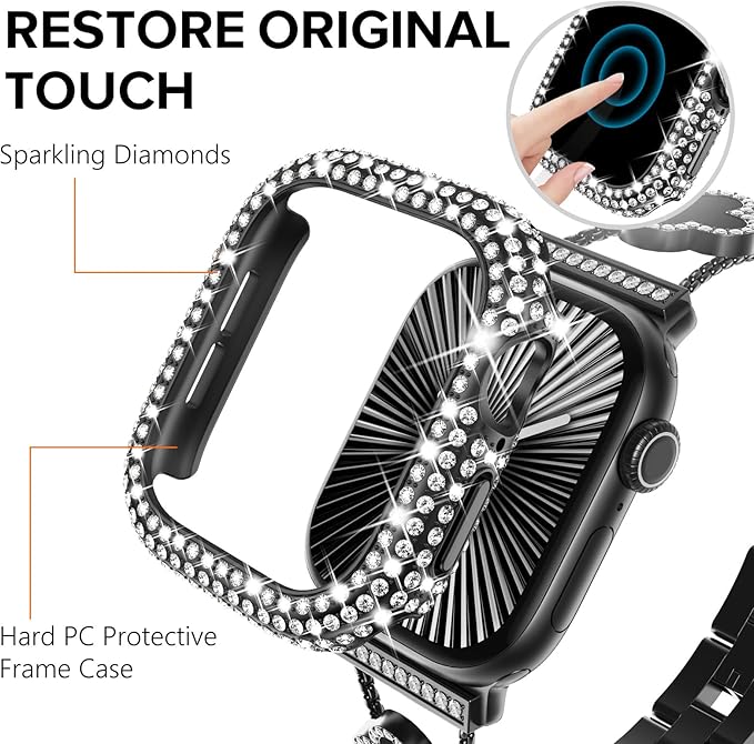 KADES Bling Case Compatible for Apple Watch Series 9/8/7 45mm, Sparkly Full Diamond Protective PC Bumper Cover, Rhinestone Frame for Women, 45mm-Black - Image 7