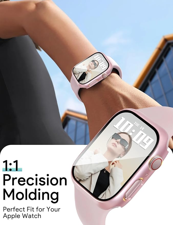 JR.DM 45mm 2 Pack Hard PC Case with HD Tempered Glass Screen Protector for Apple Watch Series 9/8/7, Slim Guard Bumper Full Coverage Protective Anti-Scratch Face Cover for iWatch, Pink/Clear - Image 6