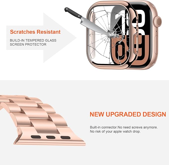 iiteeology Compatible with Apple Watch Band 42mm Series 11 Series 10, Upgraded Stainless Steel Band with iWatch Screen Protector Case for Men Women Rose Gold/Rose Gold - Image 4