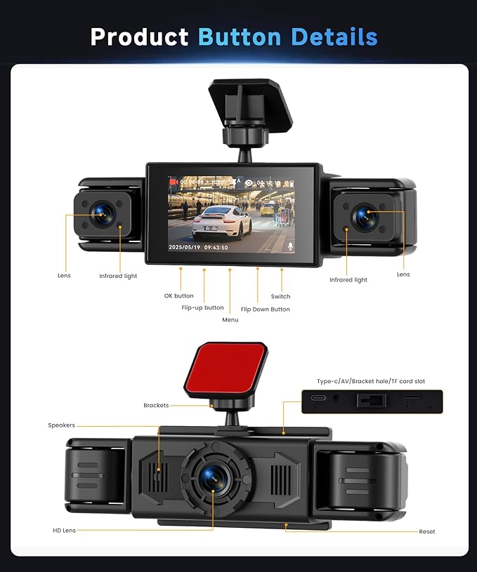 360° Dash Cam Front and Rear Inside Left Right, 4 Channel FHD 1080P Dash Cam for Cars, 3 Inch IPS Dashcams with Night Vision, Loop Recording, 24H Parking Mode Monitor, Reverse View - Image 7