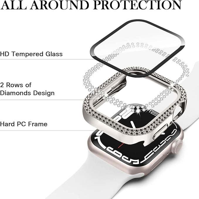 Adepoy Compatible for Apple Watch Case 44mm Series 6/5/4/SE with Tempered Glass Screen Protector, Double Bling Case Crystal Diamonds Rhinestone Bumper Overall Hard PC Protective Cover for iWatch 44mm - Image 3