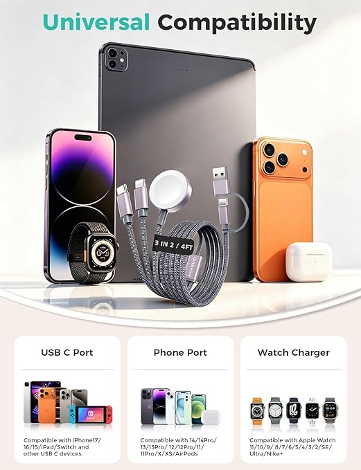 Travel Essentials for Apple Watch Charger,Cruise Vacation 2026 Camping Essentials,iPhone Charger,Multi Charging Cable,3 in 2 Charging Docks for iWatch Series 11-2/Ultra,iPhone 17-12,Car - Image 3
