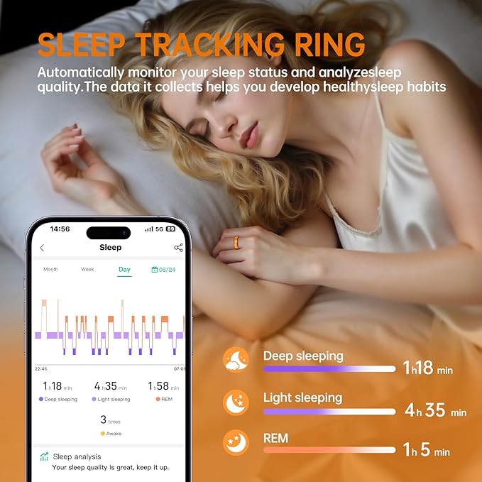 Smart Ring for Women & Men, Health Tracker Ring with Heart Rate, Blood Oxygen,Blood Pressure, IP68 Waterproof Fitness Ring, Sleep Tracker for iPhone and Android, No APP Fee (Orange, 10#) - Image 8