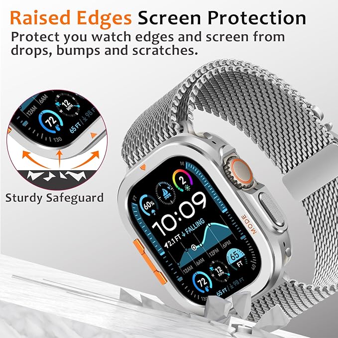 Amizee Metal Case Compatible with Apple Watch Ultra 3/2/1 49mm Case with Back Cover, Rugged Protective Bumper Cover for iWatch 49mm, Silver - Image 4
