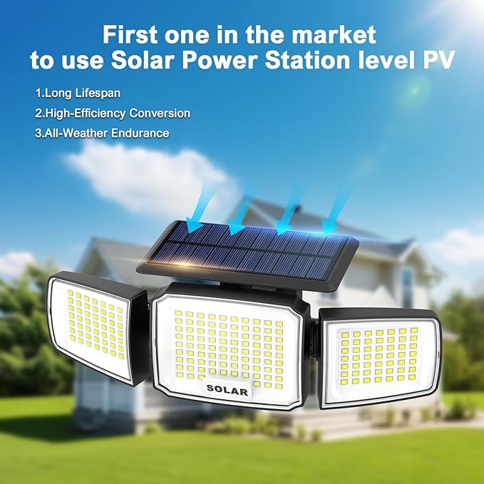 Solar Security Light Outdoor,Solar Flood Light with Active Motion Sensor,3 Heads 270° Wide Angle,Remote Control,IP65 Waterproof, 3 Modes (2 Packs) - Image 4