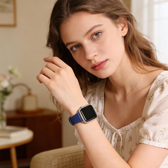 Soft French Goatskin Women Slim Leather Watch Band Compatible with Apple Watch 38mm 40mm 41mm 42mm 44mm 45mm 46mm 49mm, Thin Leather Strap Replacement for iWatch Series Ultra SE 10 9 8 7 6 5 4 3 2 1 - Image 2
