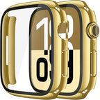 Misxi 2 Pack Tempered Glass Case Compatible for Apple Watch Series 11 (2025) Series 10 46mm, Hard PC Screen Protector Overall Protection Scratch-Resistant Cover for iWatch, 1 Gold + 1 Transparent by Misxi