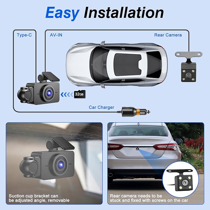 3 Channel Dash Cam Front Rear Inside,1080P Dash Camera Video Recorder for Cars,Built-in Motion Detection Loop Recording Infrared Night Vision Surveillance with App Control, Included 128GB Card - Image 8