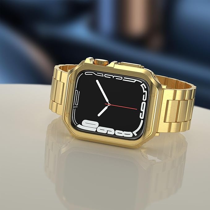 Compatible with Apple Watch Band and Case, Stainless Steel Metal Chain with TPU Cover, Smart-Watch Link Bracelet Strap, Wrist-Band for i-Watch Series 10 11, 42mm, Gold - Image 3
