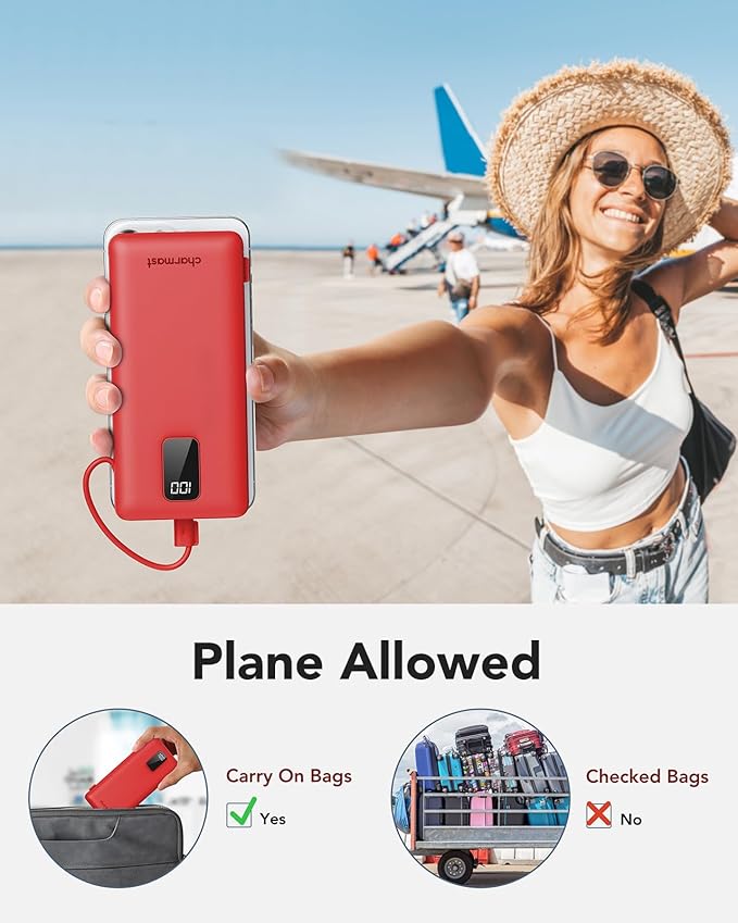 charmast Portable Charger,Power Bank Built-in Cables and AC Wall Plug,10000mAh USB C Fast Charging,External Battery Pack Slim,Travel Essentials Compatible with iPhone,iPad,Samsung,Android - Image 7