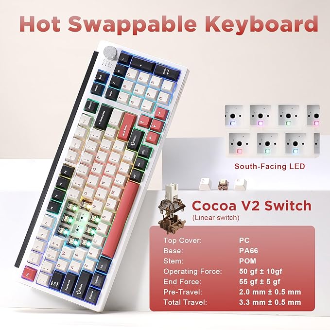 K98 Wireless Mechanical Keyboard,Tri-Mode BT5.0/2.4GHz/USB-C Hot Swappable Custom Keyboard,Gasket Structure,RGB Backlit Gaming Keyboard for Win & Mac(White&Red,Cocoa-V2 Switch) - Image 3