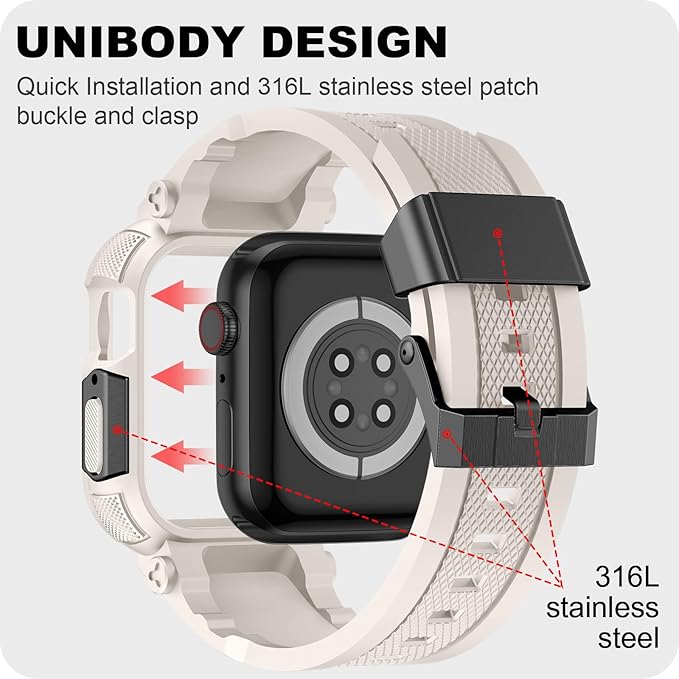 XYF Sport Smartwatch Cases with Band for Men, Rugged Shockproof Protective Metal Bumper Case,Compatible with Apple Watch 45mm 44mm Series 9/8/7/6/5/4/SE 3/2/1 Wristband (44/45mm,Starlight/Black) - Image 5