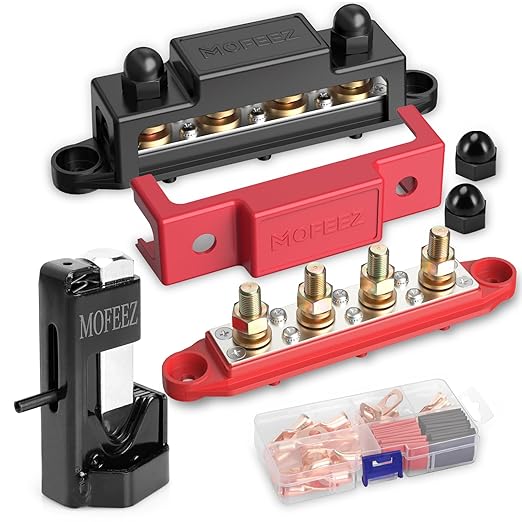 MOFEEZ Power Distribution Block Bus Bar 4 × 3/8" Posts 6 × #8 Screws with Hammer Lug Crimping Tool, Marine Bus Bar 48V 250A for Automotive, Car, Boat, Solar Wiring by MOFEEZ