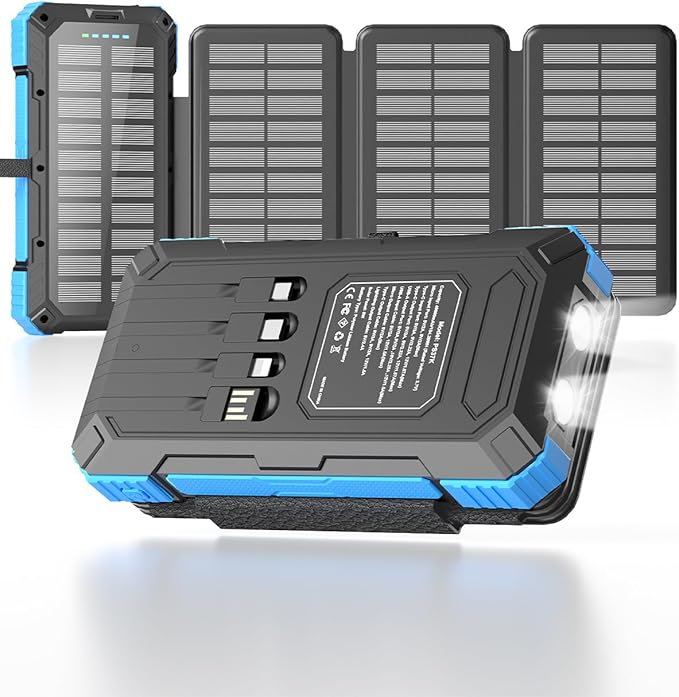 Solar Charger Power Bank 49800mAh with 4 Built-in Cables & 3 Foldable Panels, PD22.5W Fast Portable Phone Charger, External Battery Pack with USB-C in/Output & Flashlight for Outdoor Camping by Kepswin