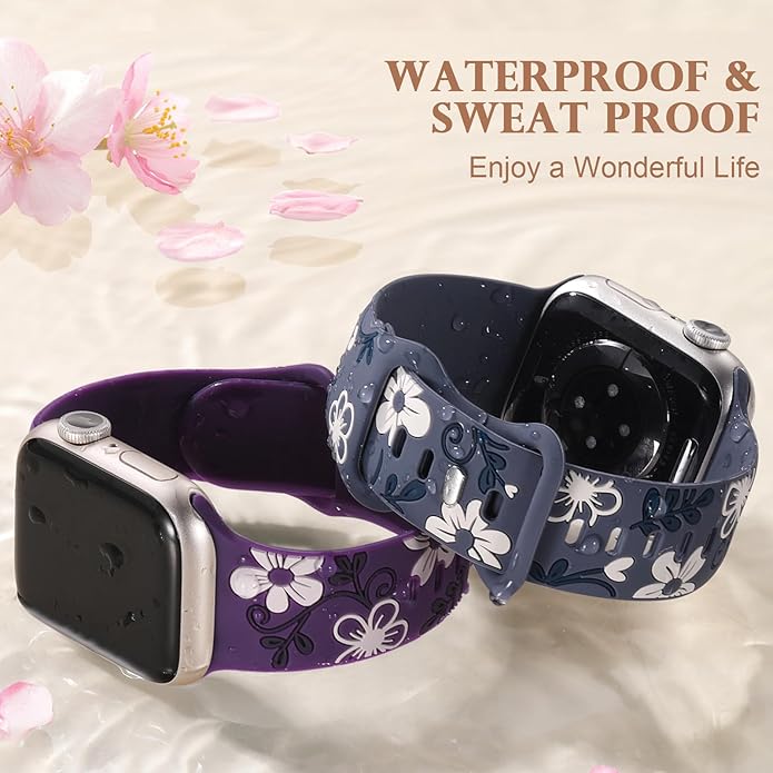 Witzon Floral Band Compatible with Apple Watch Bands For Women 40mm 41mm 38mm 42mm 44mm 45mm 46mm 49mm, Engraved Cute Flower Silicone Dressy Strap for iWatch Series 11 10 9 8 7 6 5 4 3 2 SE Ultra - Image 4