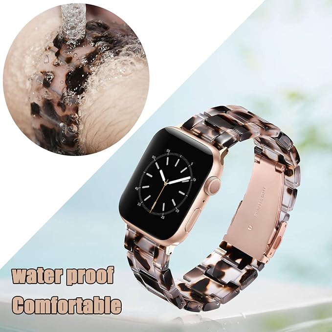 V-MORO Resin Strap Compatible with Apple Watch Band 45/46mm Series 11/10/9/8/7/6/5/4/3/2/1/SE/Ultra Fashion Lightweight Strap Bracelet with Rose Gold Buckle Wristband (Clear Tortoise,42/44/45/46/49mm) - Image 5