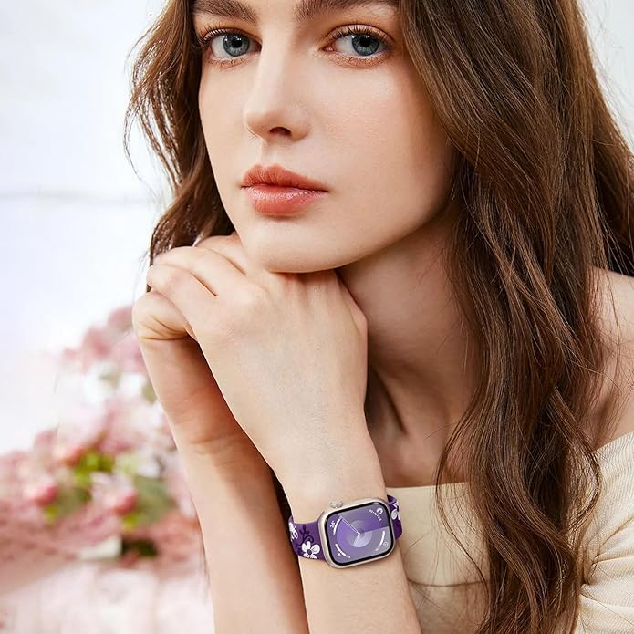 Witzon Floral Band Compatible with Apple Watch Bands For Women 40mm 41mm 38mm 42mm 44mm 45mm 46mm 49mm, Engraved Cute Flower Silicone Dressy Strap for iWatch Series 11 10 9 8 7 6 5 4 3 2 SE Ultra - Image 6