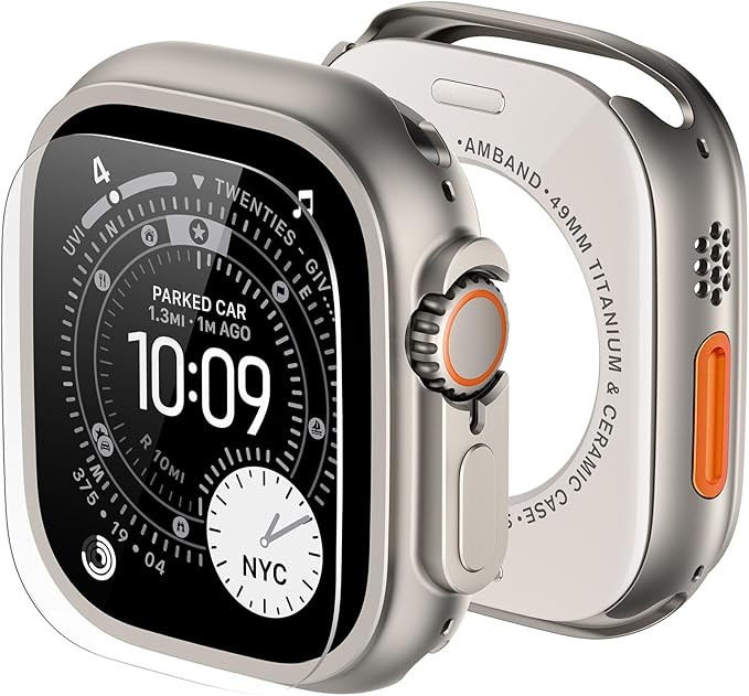 amBand Metal Case Screen Protector for Apple Watch Ultra 3/Ultra 2/Ultra 49mm, W3 Rugged Bumper Thin Frame with 9H Tempered Glass Film & Back Cover, [Waterproof] [Band Compatible], Natural Titanium by amBand