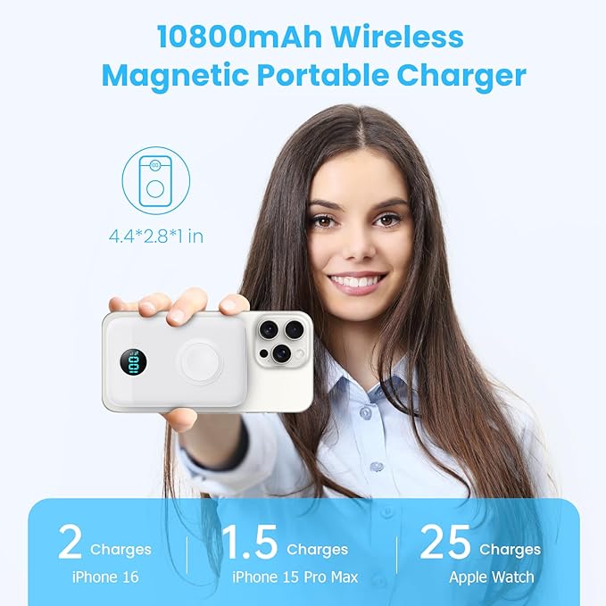 Pxwaxpy Magnetic Portable Charger 10800mAh,4-in-1 Power Bank with iWatch Charger, 25W PD Fast Charging USB C Battery Pack for Magsafe,iPhone 17/16/15/14/13/12 Series,Apple Watch (White) - Image 2