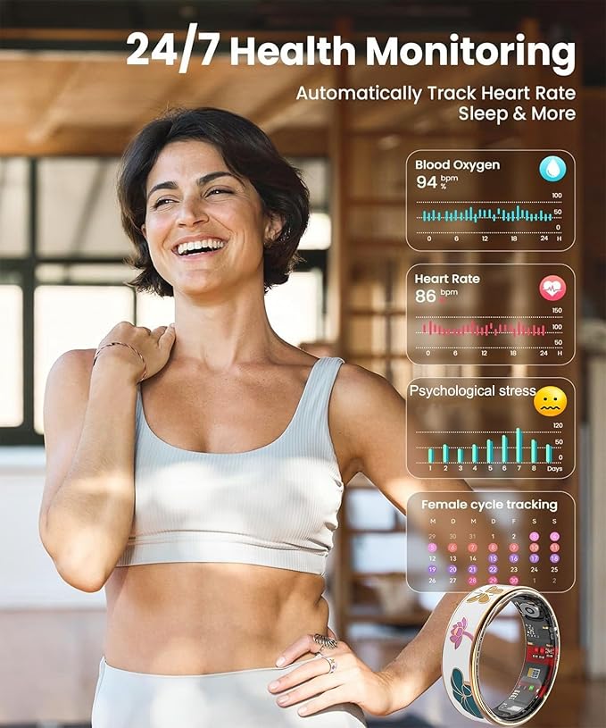 Smart Ring for Women,Fitness Tracker with Heart Rate,Blood Oxygen,Menstrual Cycle,Sleep Monitoring,Step Counting,IP68 Waterproof for iOS and Android,No Subscription Fee (8#) - Image 4