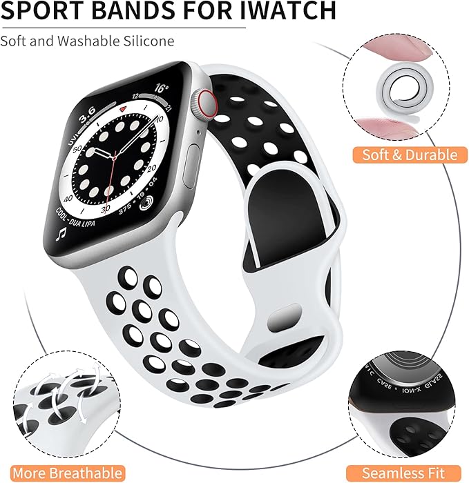 Lerobo Breathable Band Compatible with Apple Watch Band 45mm 49mm 44mm 46mm 42mm for Women Men,Soft Silicone Sport Replacement Strap for iWatch SE Ultra 3 2 Series 11 10 9 8 7 6 5 4 3 2 1,White/Black - Image 8