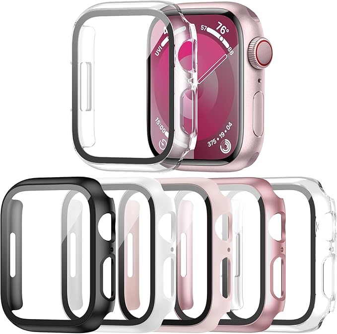 5 Pack Case with Tempered Glass Screen Protector for Apple Watch Series 9 8 7 45mm, PC Hard Ultra-Thin Slim Fit Scratch Resistant Bumper Protective Cover for iWatch S9 S8 S7 45mm Accessories by Haojavo
