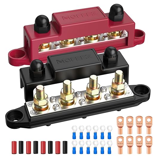MOFEEZ Power Distribution Block Bus Bar, 4 x 3/8" Post Marine Bus Bar Battery Busbar Terminal Block with Cover, Lugs, Ring Terminals (Pair, Red & Black) by MOFEEZ