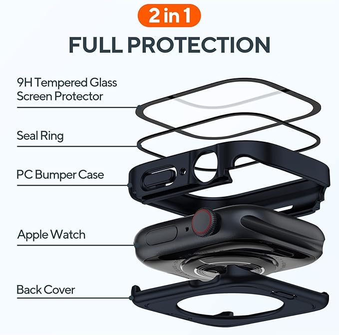 2 Pack 2 in 1 Waterproof Case for Apple Watch Series 9 8 7 45mm, Straight Edge PC Front & Back Bumper with Tempered Glass Screen Protector 360 Protective Cover for iWatch (45mm, Midnight/Starlight) - Image 3