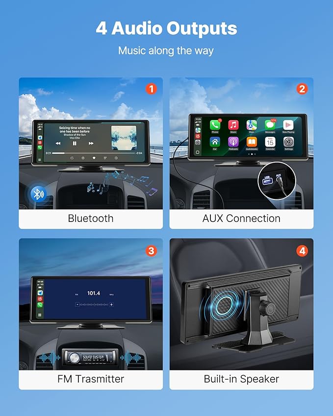 VEVOR Wireless Car Stereo, 10-Inch HD Portable Radio Touch Screen Compatible with Apple CarPlay and Android Auto, CarPlay Screen for Car with Voice Control, Mirror Link, Bluetooth, GPS Navigation - Image 4