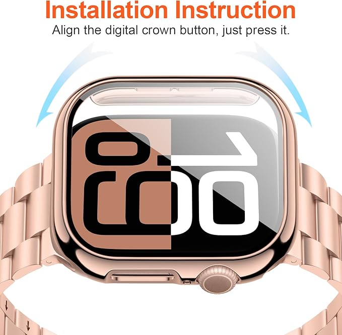 iiteeology Compatible with Apple Watch Band 42mm Series 11 Series 10, Upgraded Stainless Steel Band with iWatch Screen Protector Case for Men Women Rose Gold/Rose Gold - Image 5