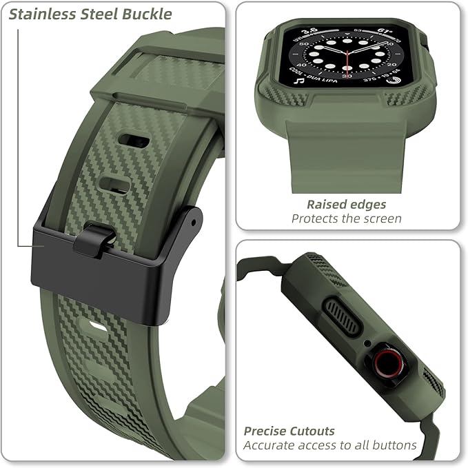 OROBAY Rugged Band Compatible with Apple Watch Band 41mm 40mm 38mm with Case, Shockproof Strap for iWatch SE3 SE2 SE Series 9/8/7/6/5/4/3/2/1 with Bumper Case Cover Men Women, Army Green - Image 4