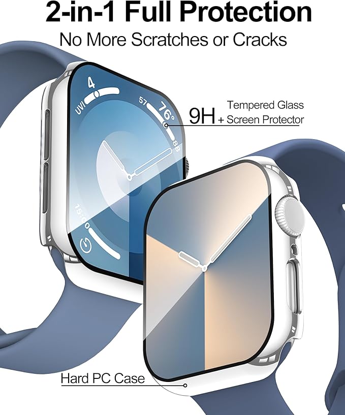 Smiling 2 Pack Case Compatible with Apple Watch SE 3 (2025)/ SE 2/ SE/Series 6/5/4 44mm with Tempered Glass Screen Protector, Hard PC Case Overall Protective Cover- 1 Black + 1 Silver - Image 2