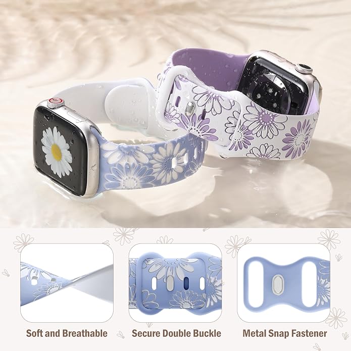 DaQin Floral Engraved Band Compatible with Apple Watch Bands for Women 40mm 41mm 42mm 44mm 45mm 46mm 38mm, Cute Two-Tone Flower Soft Silicone Sport Strap for iWatch Series 11 10 9 8 7 6 5 4 3 2 1 SE - Image 9
