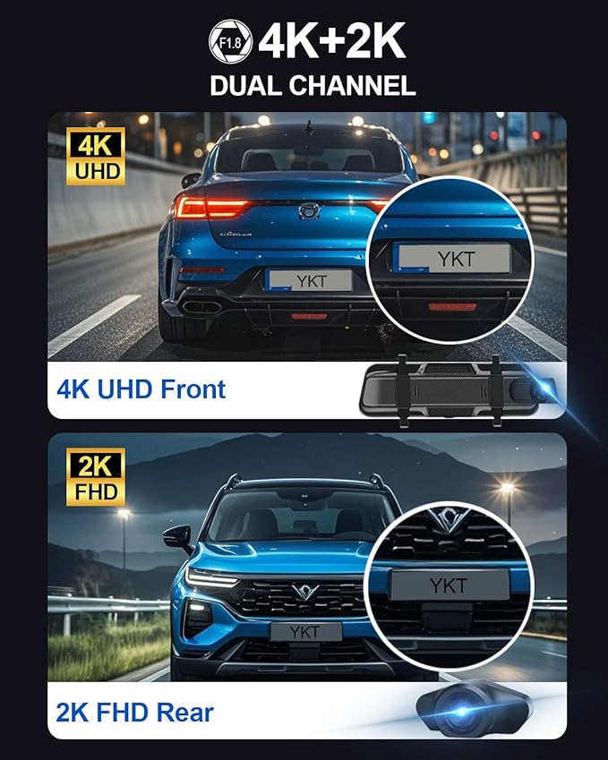 YKT 4K Mirror Dash Cam, Rear View Mirror Camera for Car with 2K Camera and 64GB Card, 10' Touch Screen Front and Rear Dashcam WiFi GPS, Night Vision, G-Sensor, Reverse Assist, 24H Parking Mode - Image 3