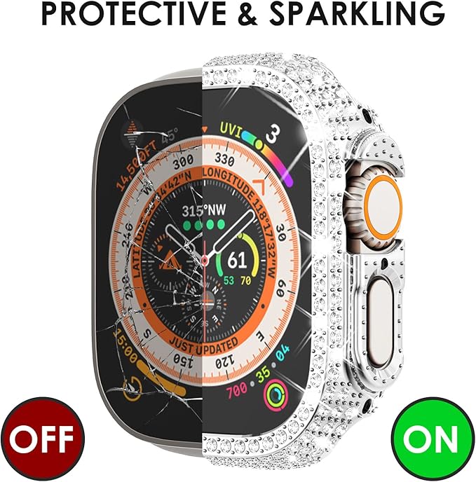 KADES Bling Case Compatible for Apple Watch Ultra 3/2/1 49mm, Sparkly Full Diamond Protective PC Bumper Cover, Rhinestone Frame for Women, 49mm-Silver - Image 3