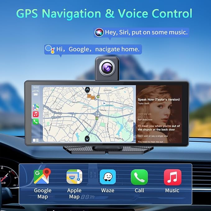 10.26" Wireless Portable Carplay Screen CarPlay & Android Auto Car Stereo 360 Rotation 4K Dash Cam 1080p Rear Camera Mirror Link Voice Control GPS Navigation(SD Card Excluded) - Image 5