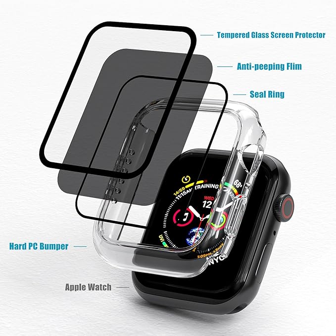2 Pack Privacy Case for Apple Watch Screen Protector, Anti-Spy Tempered Glass Film Apple Watch Cover Hard PC Case Bumper for iWatch Series 6/5/4/SE 2/SE 3 - Clear/Clear 44mm - Image 4