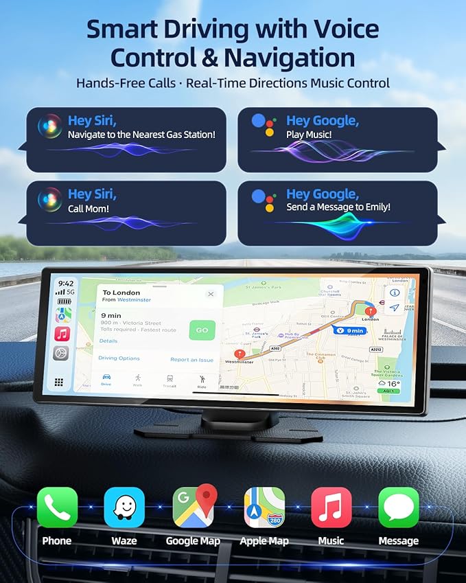 11.5" Wireless Apple CarPlay Screen for Car, Portable Car Play & Android Auto Touch Screen Car Stereo with App Control, 4K Dash Cam 1080P Backup Camera, GPS, Voice Control, Mirror Link FM All Vehicles - Image 4