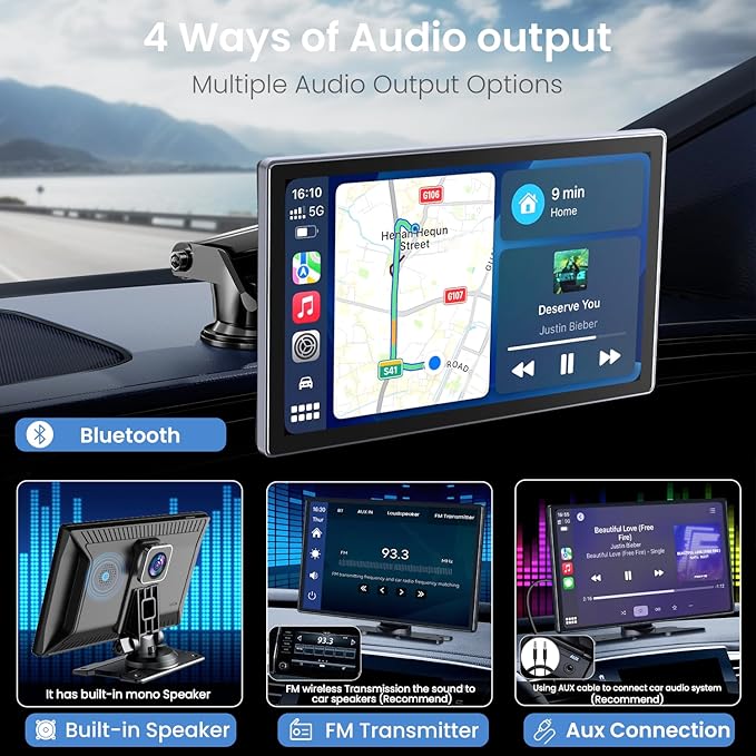 Wireless Carplay Screen for Car: CarPlay & Android Auto Portable Car Play Screen with 4K Dash Cam, 1080P Backup Camera, GPS Navigation/Mirror Link/AirPlay/Voice Control/Bluetooth - 9 Inch - Image 4