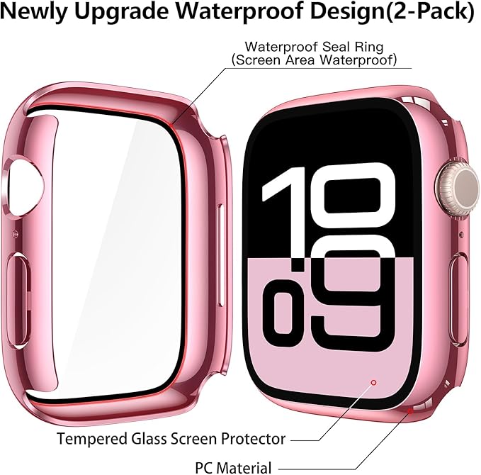 Misxi [2 Pack] Waterproof Hard Case with Tempered Glass Compatible with Apple Watch Series 11 (2025) Series 10 42mm, Overall Protective Cover for iWatch Screen Protector, 1 Rose Pink + 1 Transparent - Image 5