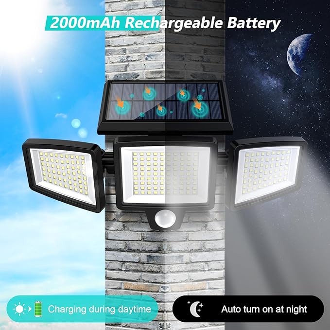 Tuffenough Solar Outdoor Lights 2500LM 210 LED Security Lights with Remote Control,3 Heads Motion Sensor Lights, IP65 Waterproof,270° Wide Angle Flood Wall Lights with 3 Modes(1 Packs) - Image 4